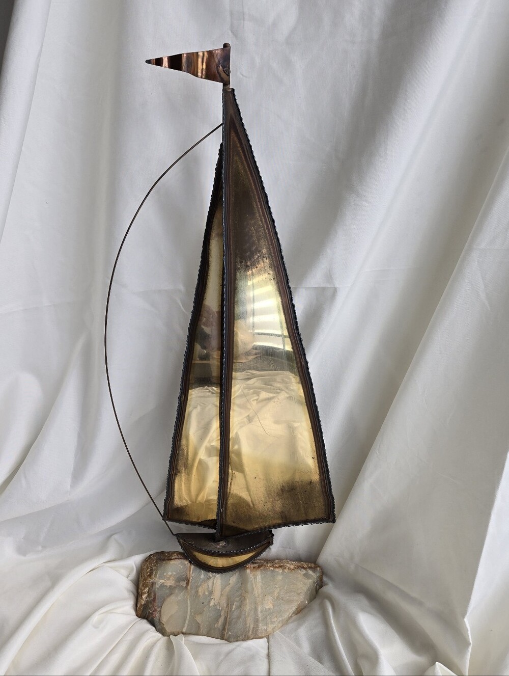 Vintage MCM Signed DeMott Brass Metal Sail Boat 15” Sculpture On Onyx Base